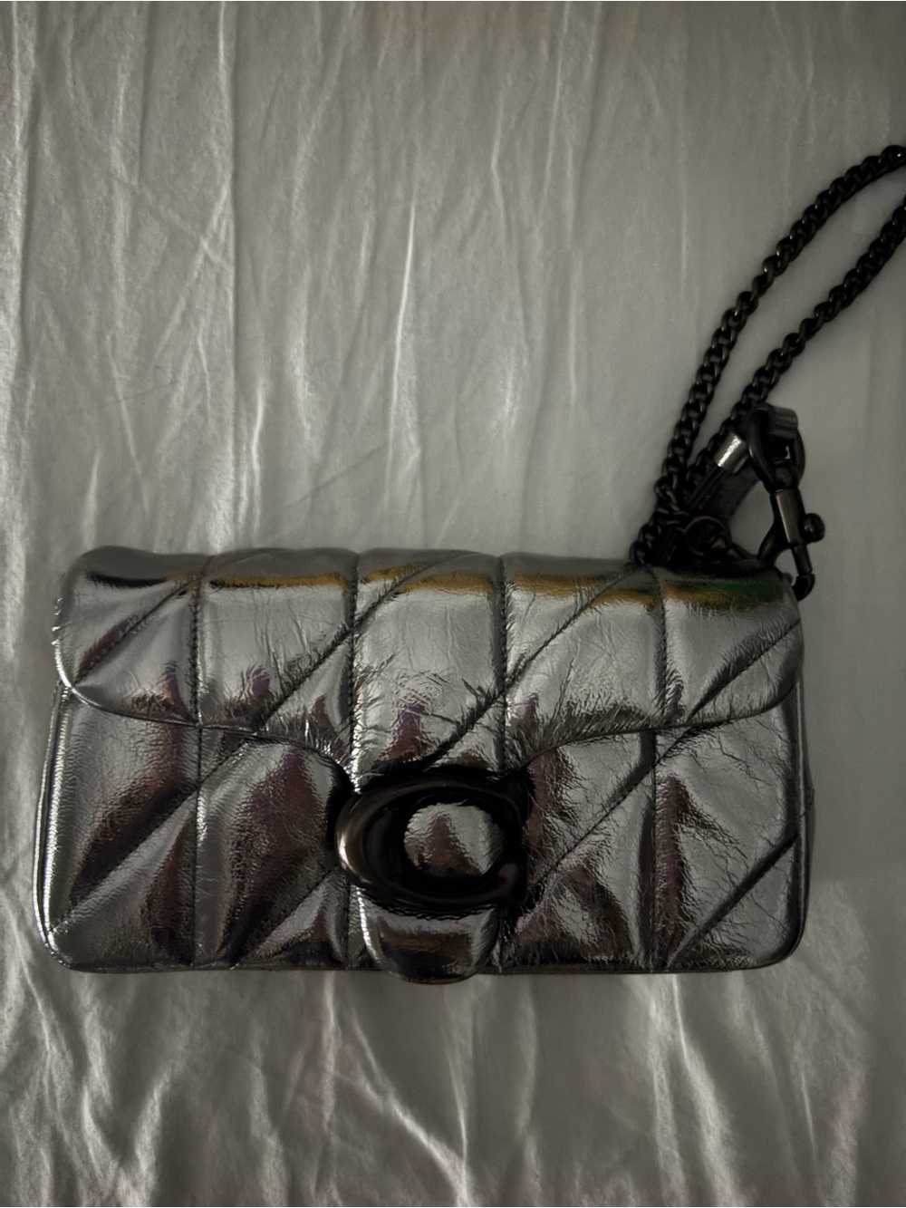 Coach Metallic Silver Quilted Crossbody with Chain Strap
